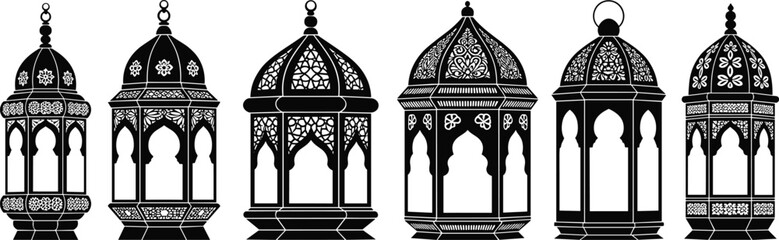 Collection of ornate black Moroccan style lanterns with intricate cutouts Islamic © Olaja Vector Vision