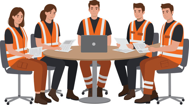 Safety meeting construction team industrial workers wearing high visibility vests discussing project plans around table laptop office training session discussion
