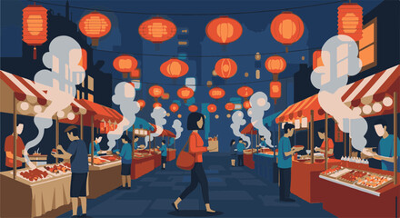 Woman walking through a vibrant night market scene filled with red lanterns and bustling street food stalls. Night market showcases busy vendors, various culinary offerings,
