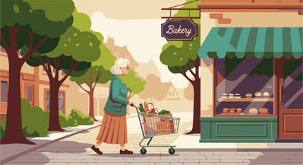 Woman walking down street with shopping cart beside bakery store in urban setting, bright sunny day, trees, street, and buildings add to backdrop. Woman walking implies routine, errands,