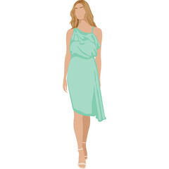 Elegant Woman in Flowing Mint Green One-Shoulder Midi Dress with Asymmetrical Hem and Strappy Heels Walking Confidently Isolated on White Background Soft Natural Lighting