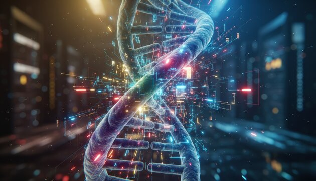 Glowing dna double helix surrounded by digital data particles, symbolizing genetics research, biotech innovation, personalised medicine and future health