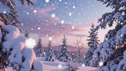 Enchanting winter wonderland scene with falling snowflakes and snow-covered pine trees against a soft - Powered by Adobe