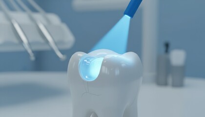 Blue curing light hardens filling in white tooth in modern clinic, representing advanced dental care, cavity treatment technology and preventative oral health routine