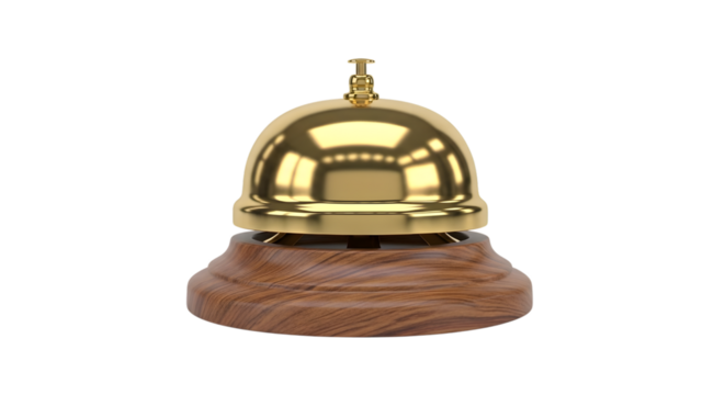 Polished brass hotel reception bell with wooden base isolated on a transparent background service call