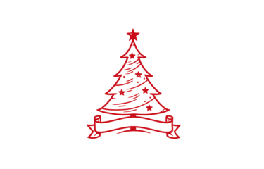 Simple red line-art Christmas tree with stars, ornaments, and a ribbon banner below.