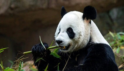 Obraz premium Panda Eating Bamboo in Nature.