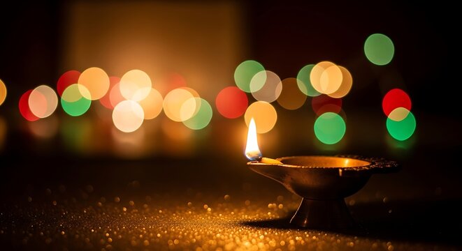 Diwali's Warm Embrace Traditional brass oil lamp (diya) flickering brightly against a glittering surface and colorful, blurred bokeh lights in a dark setting