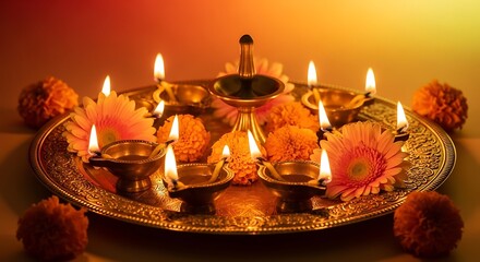 Warm Festive Ambiance Traditional Hindu ritual setup for special occasions like Diwali, Navratri, or Pooja, featuring bright flowers and shining oil lamps