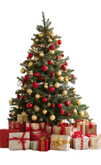 A decorated Christmas tree with red and gold ornaments surrounded by wrapped gift boxes.