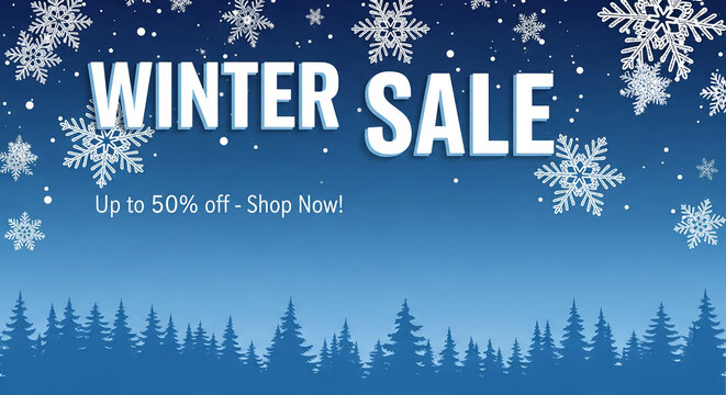 Blue winter sale poster with snowflakes, snow, and forest silhouette, evoking the holiday season and opportunity for discounts and shopping experience