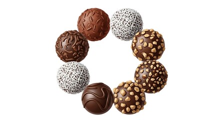 Handmade brigadeiros with different decorations arranged in a pattern.