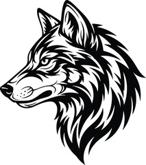 Detailed Black and White Wolf Head Illustration with Sharp Features.