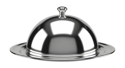Polished Silver Cloche Serving Dome with Handle on a Round Tray isolated on a transparent background
