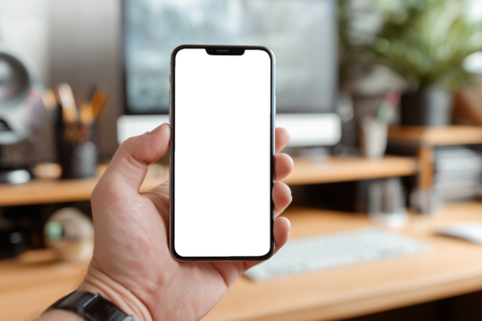 A close-up of a hand holding a smartphone with a blank black screen inside a modern home office workspace.