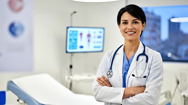 A confident doctor smiling in a modern medical facility.