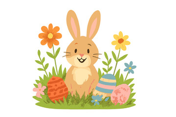 Cute Easter bunny sitting in green grass with colorful spring flowers and decorated eggs
