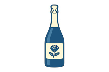 Stylized blue champagne bottle with cream label and simple rose flower design