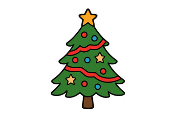 Festive evergreen tree decorated with colorful ornaments and a bright star for winter holidays