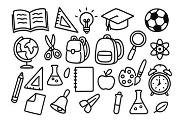 Fototapeta premium Black and white hand drawn doodle icons representing essential school supplies and learning concepts