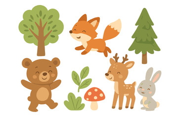 Obraz premium Cute woodland animals set featuring a bear, fox, deer, and rabbit with forest trees and mushroom