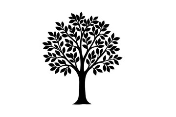Stylized black silhouette of a lush deciduous tree with dense foliage on a white background