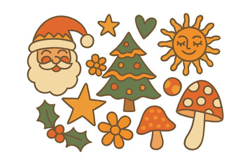 Groovy retro holiday icons featuring Santa, Christmas tree, stars, and mushrooms