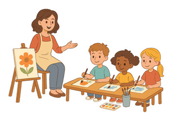 Happy teacher guiding diverse young students during art class activity in classroom