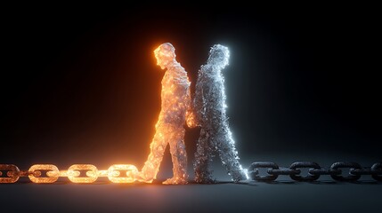 broken chain linking two human figures, half glowing half fading, representing lost connection and emotional distance, surreal conceptual vector, v7 cinematic lighting 