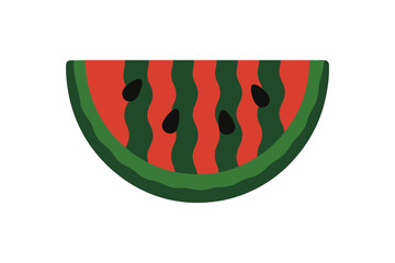 Stylized half slice of ripe watermelon with seeds and layered green rind on white background