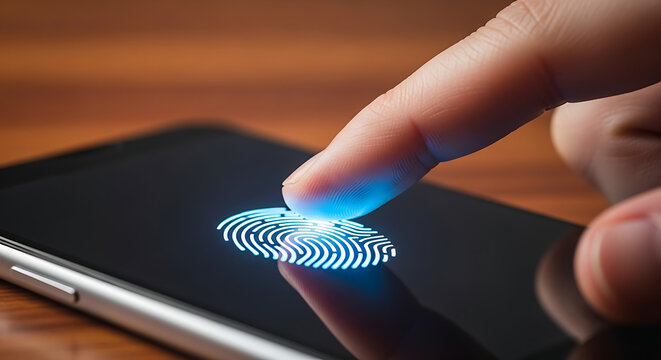 Enhancing digital security A human finger scanning a glowing fingerprint on a smartphone screen for biometric authentication