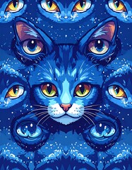 Mystical blue feline image featuring multiple eyes within a cosmic design