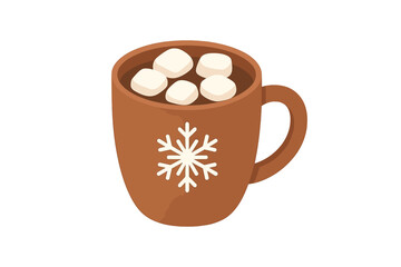 Hot chocolate drink in brown mug topped with marshmallows and snowflake design
