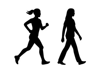 Black silhouettes of two women running and walking side by side during physical activity