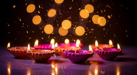 Traditional Indian oil lamps lit for Deepavali festival symbolizing the victory of light over darkness against a dark festive night backdrop