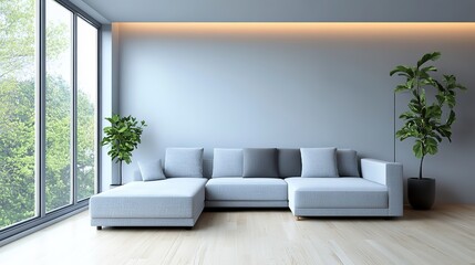 Modern living room with clean, minimal design and natural light, embodying simplicity and elegance.