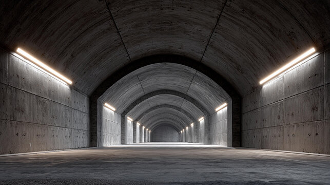 Concrete tunnel with smooth arches and bright lighting at night