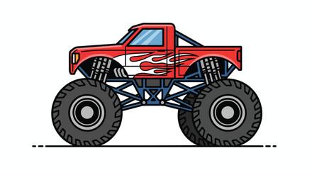 Powerful Red Monster Truck with Fiery Flames - Dynamic Vector Illustration