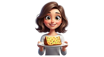 Woman holding a piece of panettone.

