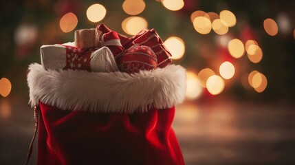A close-up of a red velvet Santa sack filled with wrapped gifts, illuminated by warm cinematic light with soft bokeh in the background.