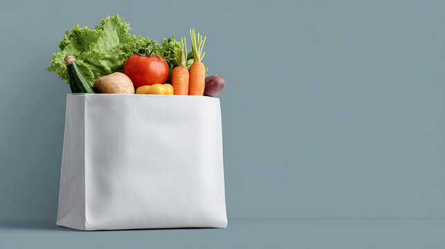 Fresh vegetables and greens in a reusable bag on a blue background - Powered by Adobe