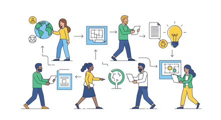 Business team collaborating on a global project from idea generation to final plan execution