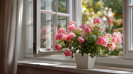 Fototapeta premium Clean, modern, white-framed awning window is slightly open. It reveals a beautifully blooming, vibrant garden on the side of a modern house.