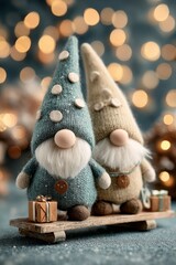 Two festive gnome figurines on a wooden sled with gift boxes, set against a warm bokeh lights background, ideal for holiday greeting cards.