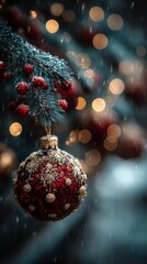 A close-up of a red and gold Christmas ornament on a frosted tree branch with bokeh lights and falling snow against a dark blue background.
