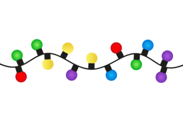 Seamless pattern of vibrant, colorful string lights in PNG format, isolated on a transparent background. Perfect for holidays, birthdays, or party decoration banners and designs.