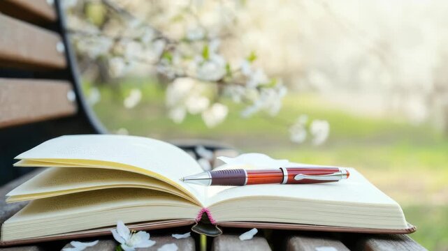 Open book with pen on bench in park during spring