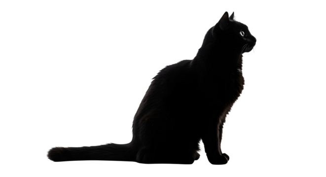 Moody Black Cat Silhouette. Furry texture, dark lighting. Pet portrait, poster, Halloween theme.