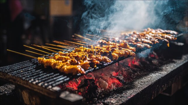 Fresh Sate Ayam skewers grilling over charcoal smoke rising night market favorite in Indonesia