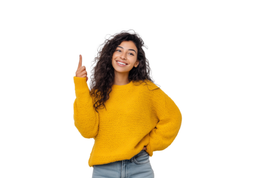 A smiling young woman in a yellow sweater raises one finger while posing against a transparent background.